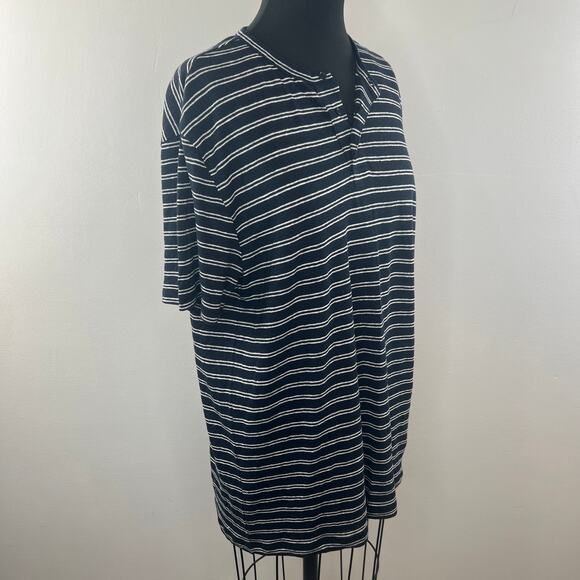 VINCE Navy White Top Linen Striped Henley Neck Short Sleeve Classic Size Large L - Picture 4 of 11